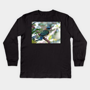 Blue Crowned Motmot Perching on Branch Photo Kids Long Sleeve T-Shirt